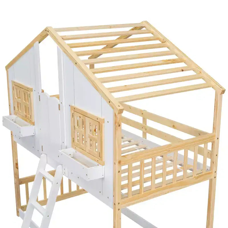 Letto a castello Okak Twin Over Twin House con tetto, letto a castello a pavimento con finestra e sponde di sicurezza, porta, scale in legno massello per bambini, facile da montare
