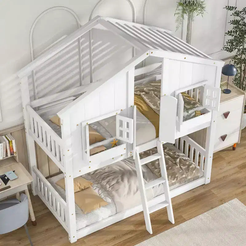 Letto a castello Okak Twin Over Twin House con tetto, letto a castello a pavimento con finestra e sponde di sicurezza, porta, scale in legno massello per bambini, facile da montare