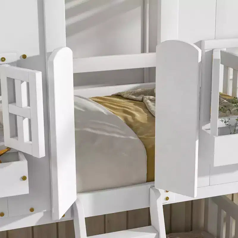 Letto a castello Okak Twin Over Twin House con tetto, letto a castello a pavimento con finestra e sponde di sicurezza, porta, scale in legno massello per bambini, facile da montare