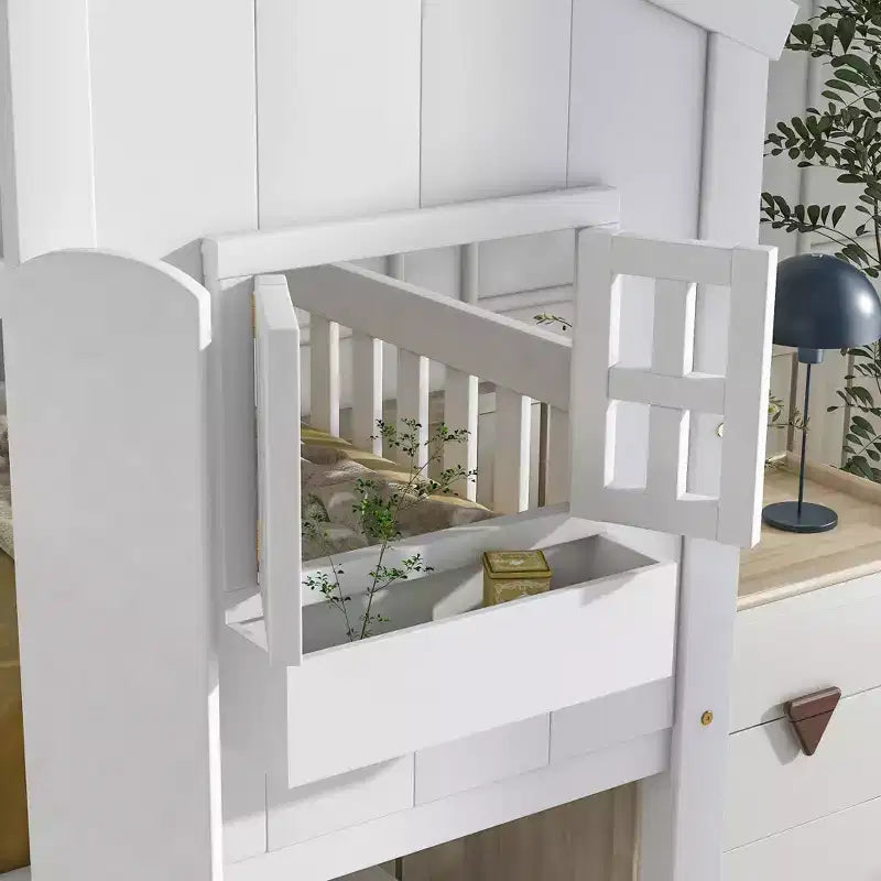 Letto a castello Okak Twin Over Twin House con tetto, letto a castello a pavimento con finestra e sponde di sicurezza, porta, scale in legno massello per bambini, facile da montare