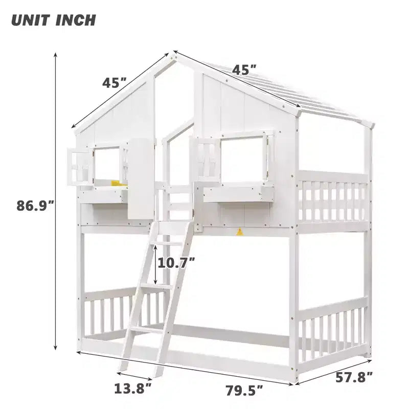Letto a castello Okak Twin Over Twin House con tetto, letto a castello a pavimento con finestra e sponde di sicurezza, porta, scale in legno massello per bambini, facile da montare