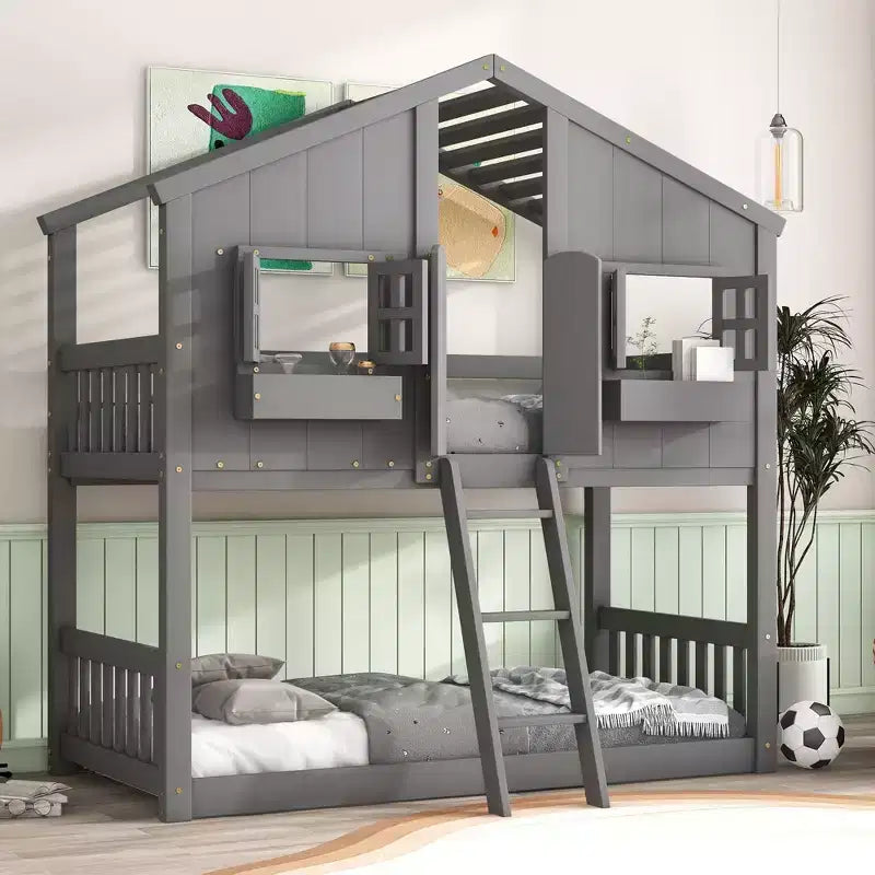 Letto a castello Okak Twin Over Twin House con tetto, letto a castello a pavimento con finestra e sponde di sicurezza, porta, scale in legno massello per bambini, facile da montare
