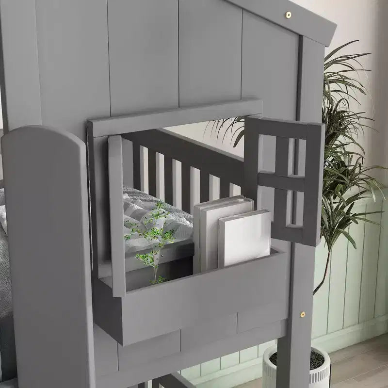 Letto a castello Okak Twin Over Twin House con tetto, letto a castello a pavimento con finestra e sponde di sicurezza, porta, scale in legno massello per bambini, facile da montare