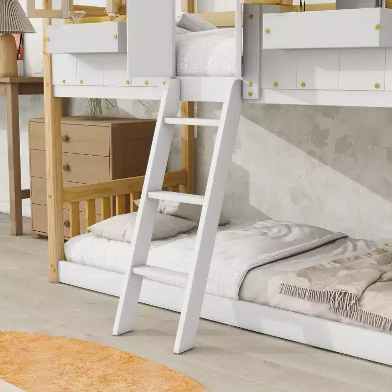 Letto a castello Okak Twin Over Twin House con tetto, letto a castello a pavimento con finestra e sponde di sicurezza, porta, scale in legno massello per bambini, facile da montare