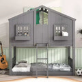 Letto a castello Okak Twin Over Twin House con tetto, letto a castello a pavimento con finestra e sponde di sicurezza, porta, scale in legno massello per bambini, facile da montare