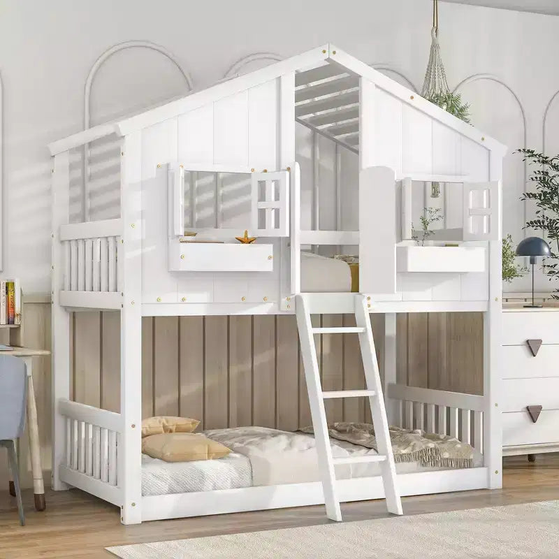 Letto a castello Okak Twin Over Twin House con tetto, letto a castello a pavimento con finestra e sponde di sicurezza, porta, scale in legno massello per bambini, facile da montare