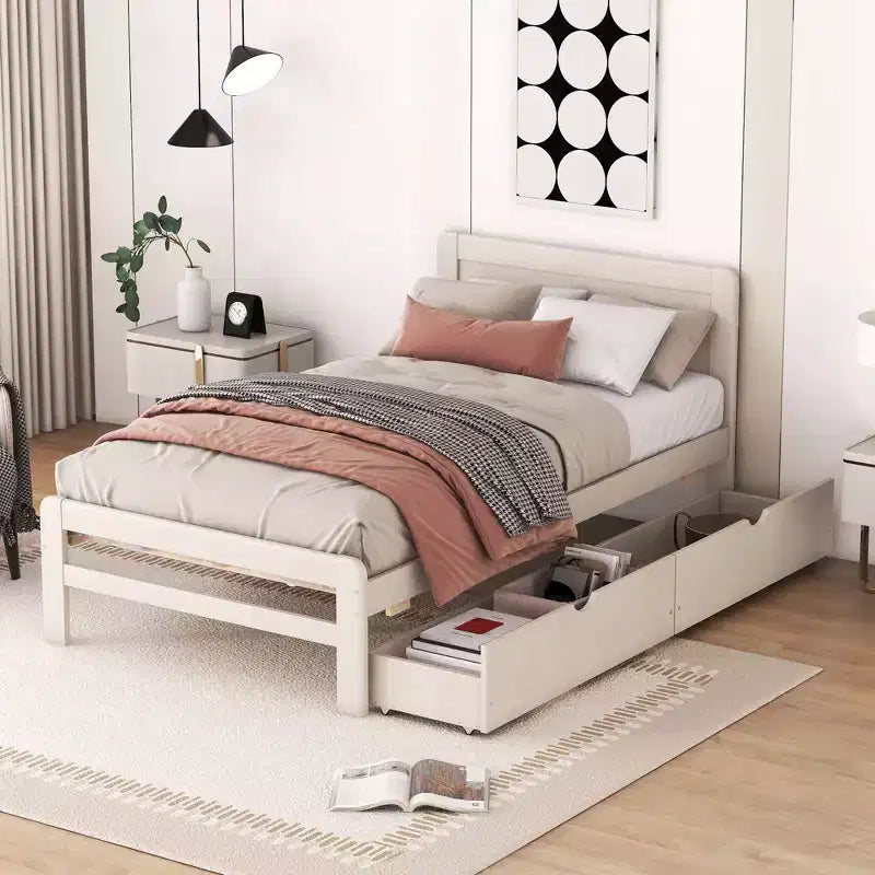 Struttura letto a piattaforma moderna doppia Okak con 2 cassetti portaoggetti, robusto letto a piattaforma in legno, silenzioso, non richiede molle, facile da montare