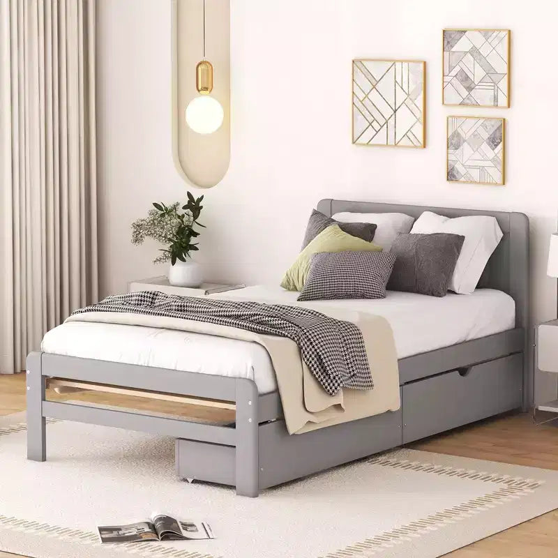 Struttura letto a piattaforma moderna doppia Okak con 2 cassetti portaoggetti, robusto letto a piattaforma in legno, silenzioso, non richiede molle, facile da montare