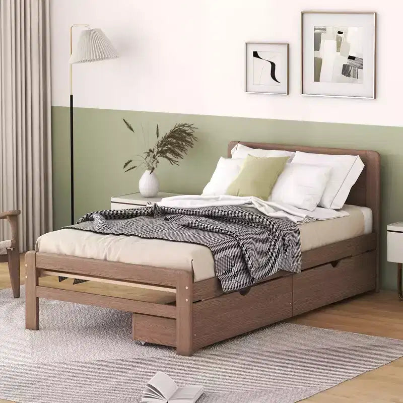 Struttura letto a piattaforma moderna doppia Okak con 2 cassetti portaoggetti, robusto letto a piattaforma in legno, silenzioso, non richiede molle, facile da montare