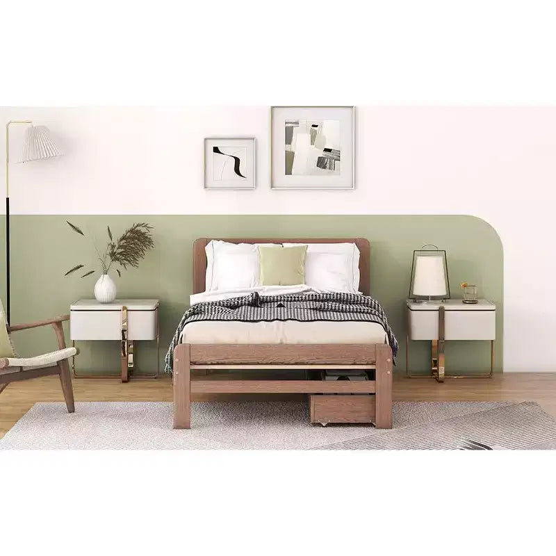 Struttura letto a piattaforma moderna doppia Okak con 2 cassetti portaoggetti, robusto letto a piattaforma in legno, silenzioso, non richiede molle, facile da montare