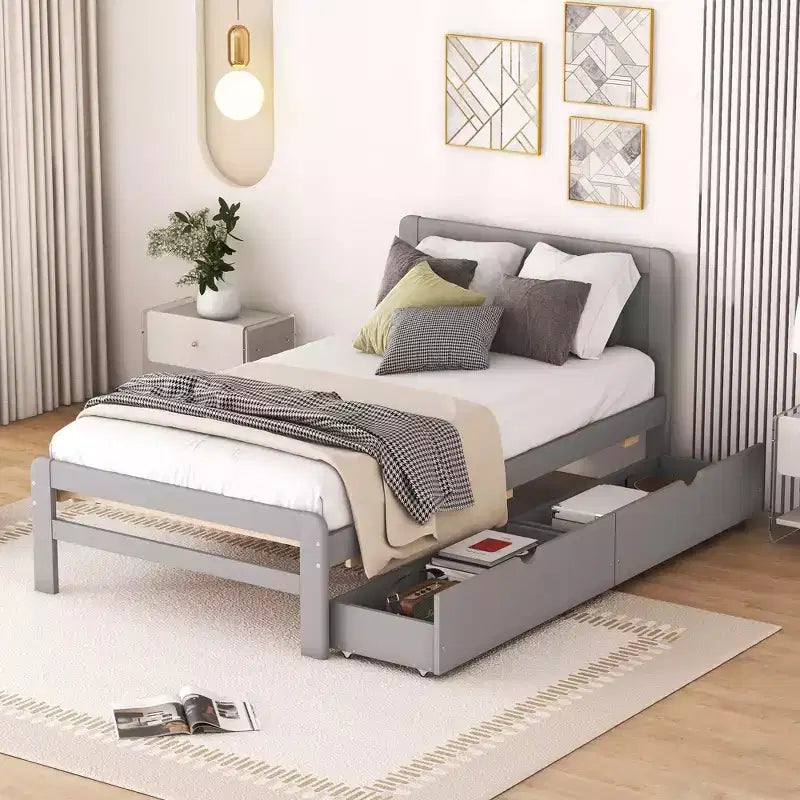 Struttura letto a piattaforma moderna doppia Okak con 2 cassetti portaoggetti, robusto letto a piattaforma in legno, silenzioso, non richiede molle, facile da montare