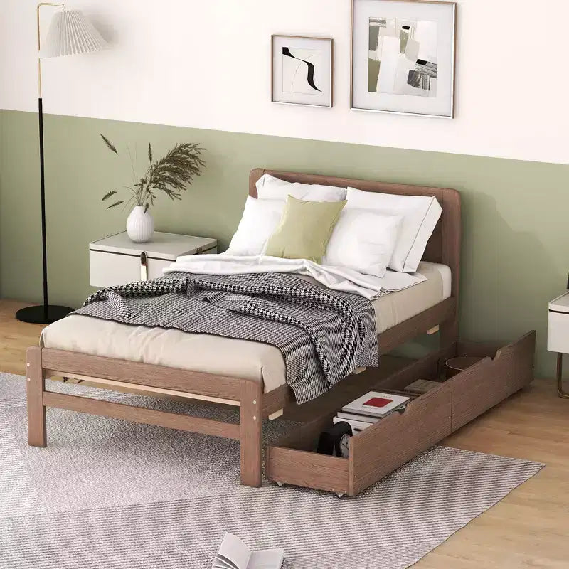 Struttura letto a piattaforma moderna doppia Okak con 2 cassetti portaoggetti, robusto letto a piattaforma in legno, silenzioso, non richiede molle, facile da montare