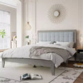 Okak Queen/King Platform Bed Frame Upholstered Modern Solid Wood Bed with Square Tufted Headboard Noise-Free Easy to Assemble