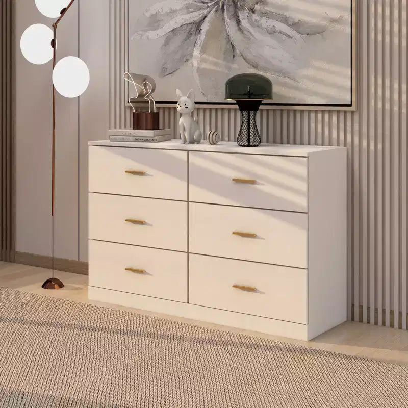 Okak Minimalism Bedroom Dresser Nightstand with 6 Drawers Glod Handles Ample Storage Chest Cabinet for Living Room Hallway Kids Room