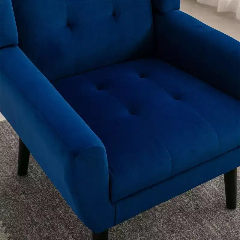 Poltrona moderna con bottoni Okak, poltrona da soggiorno imbottita con braccioli e gambe in legno nero, ergonomica per camera da letto
