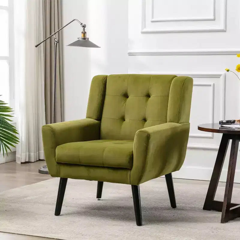 Poltrona moderna con bottoni Okak, poltrona da soggiorno imbottita con braccioli e gambe in legno nero, ergonomica per camera da letto