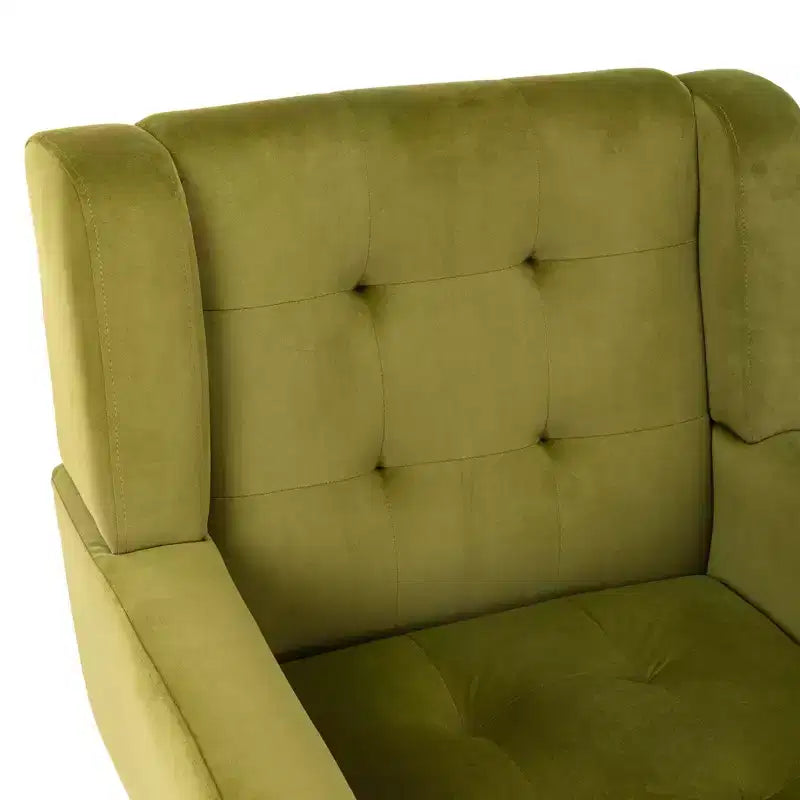 Poltrona moderna con bottoni Okak, poltrona da soggiorno imbottita con braccioli e gambe in legno nero, ergonomica per camera da letto
