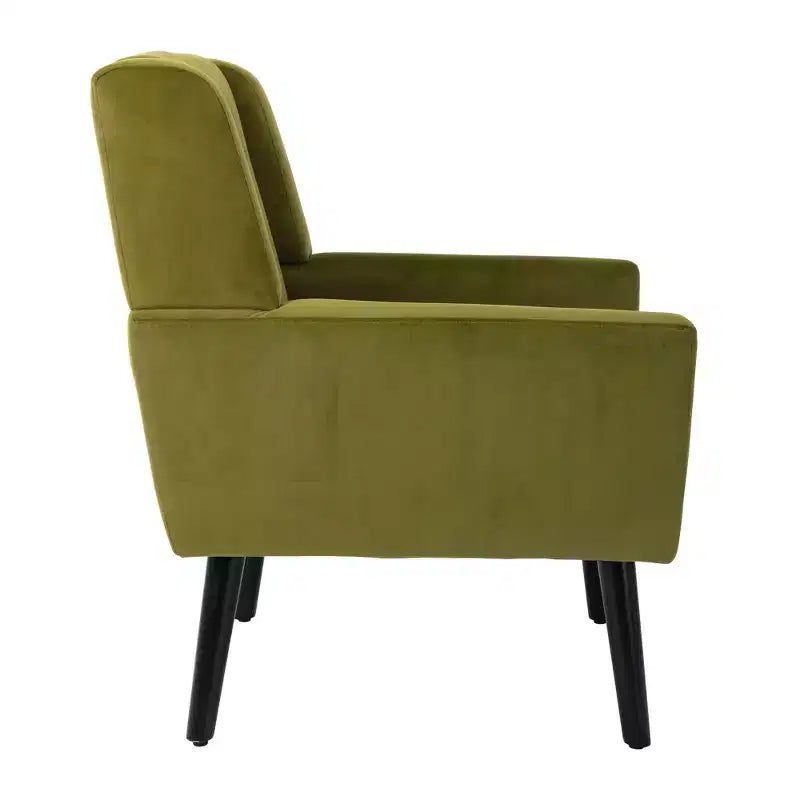 Poltrona moderna con bottoni Okak, poltrona da soggiorno imbottita con braccioli e gambe in legno nero, ergonomica per camera da letto