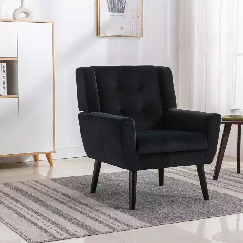 Poltrona moderna con bottoni Okak, poltrona da soggiorno imbottita con braccioli e gambe in legno nero, ergonomica per camera da letto