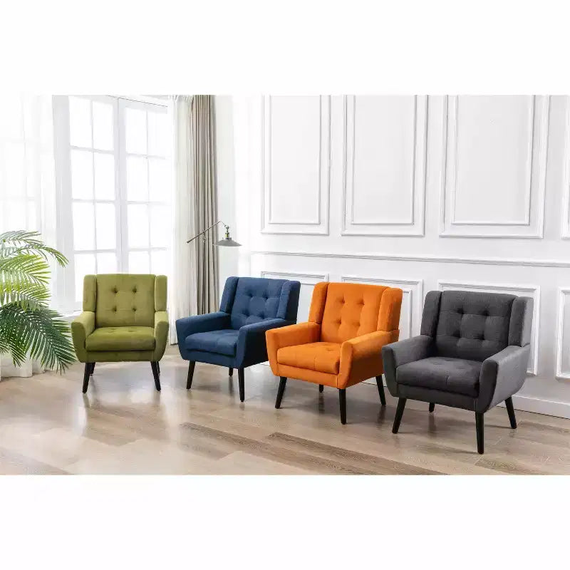 Poltrona moderna con bottoni Okak, poltrona da soggiorno imbottita con braccioli e gambe in legno nero, ergonomica per camera da letto
