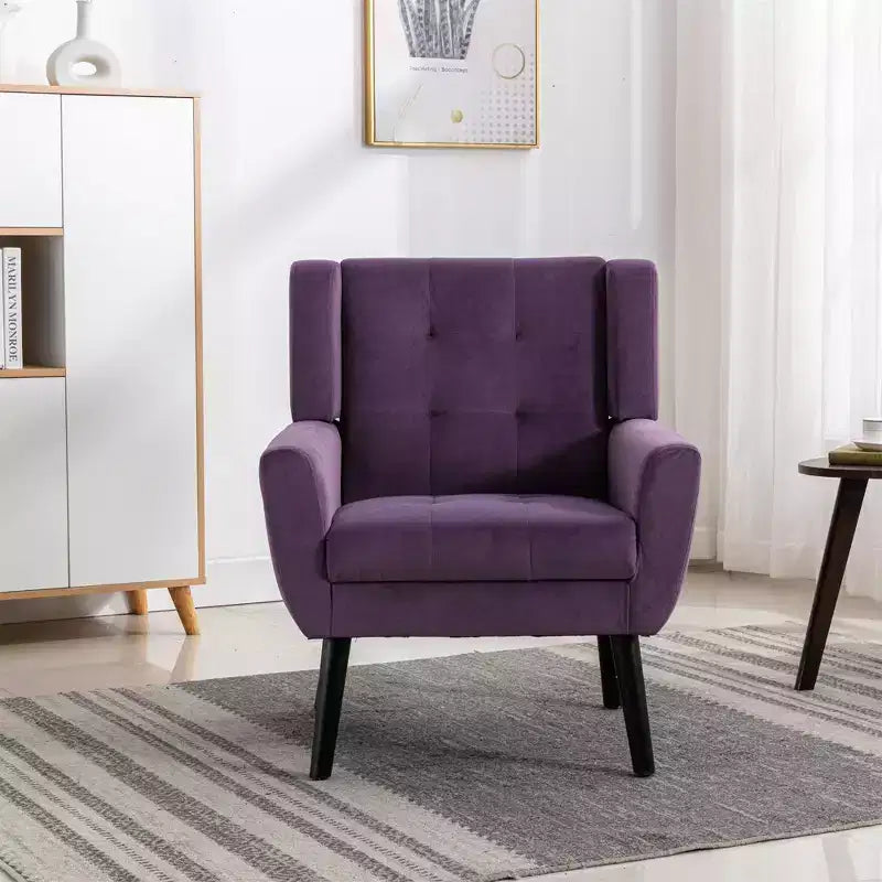Poltrona moderna con bottoni Okak, poltrona da soggiorno imbottita con braccioli e gambe in legno nero, ergonomica per camera da letto
