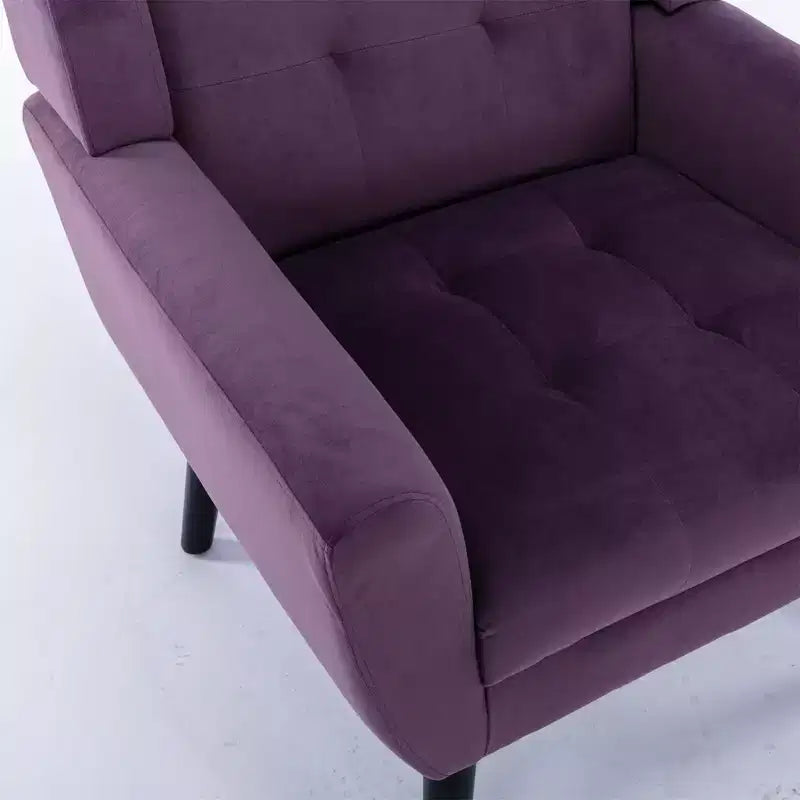 Poltrona moderna con bottoni Okak, poltrona da soggiorno imbottita con braccioli e gambe in legno nero, ergonomica per camera da letto