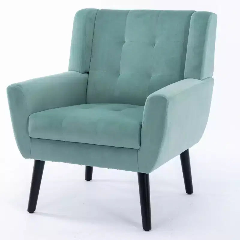 Poltrona moderna con bottoni Okak, poltrona da soggiorno imbottita con braccioli e gambe in legno nero, ergonomica per camera da letto