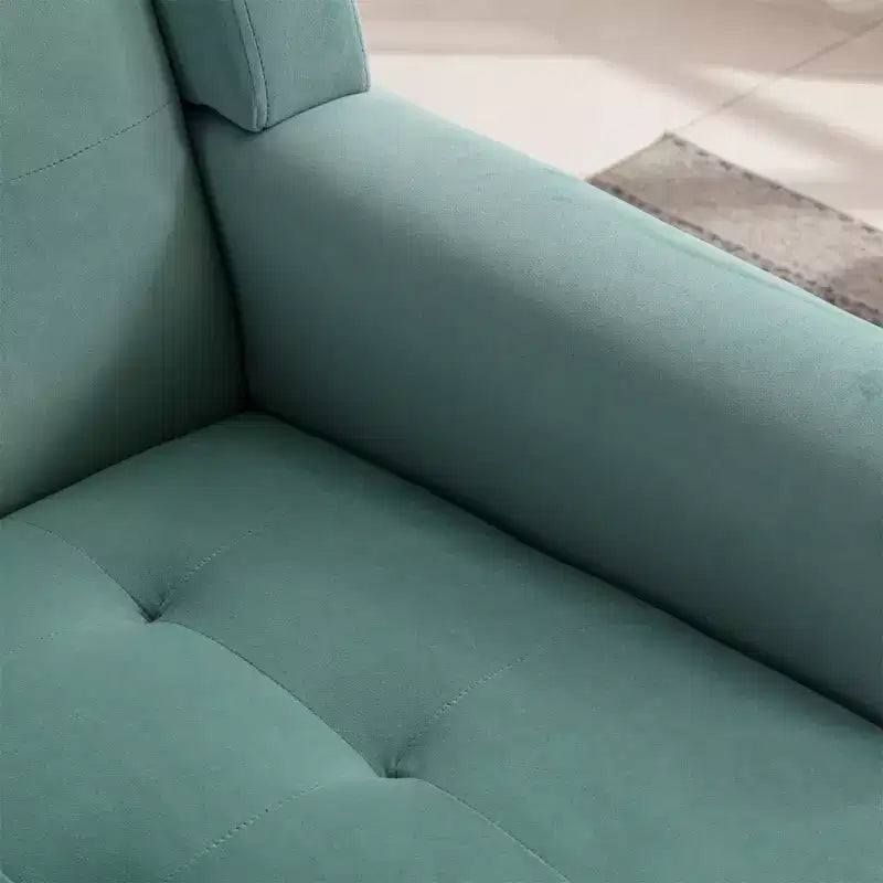 Poltrona moderna con bottoni Okak, poltrona da soggiorno imbottita con braccioli e gambe in legno nero, ergonomica per camera da letto