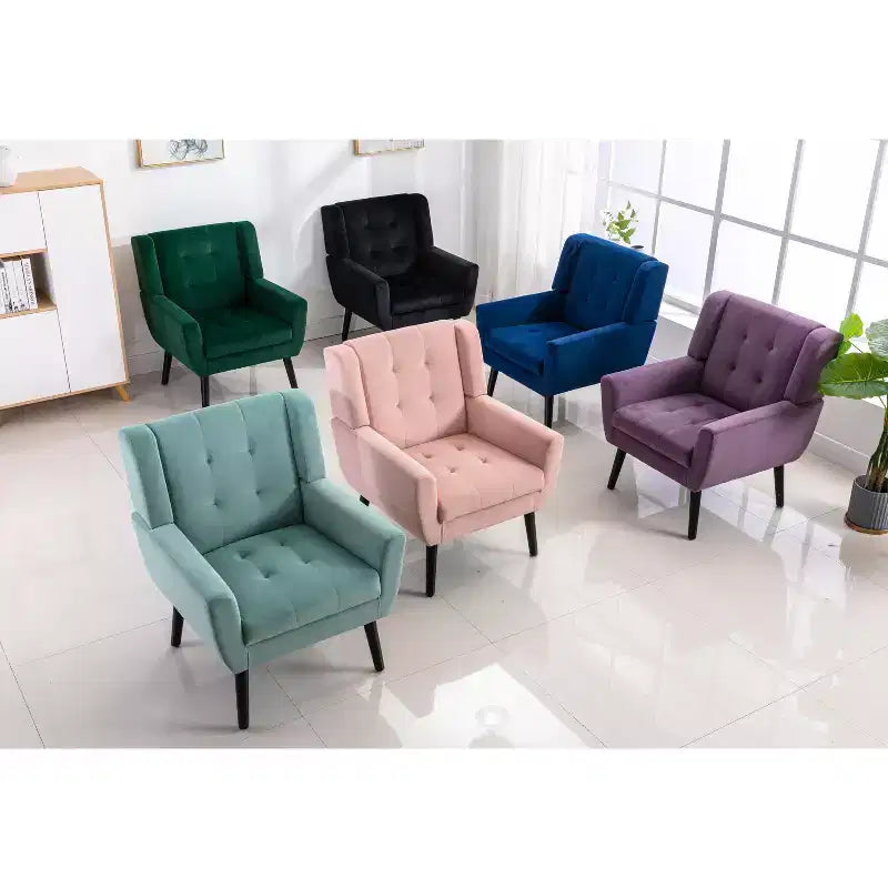 Poltrona moderna con bottoni Okak, poltrona da soggiorno imbottita con braccioli e gambe in legno nero, ergonomica per camera da letto