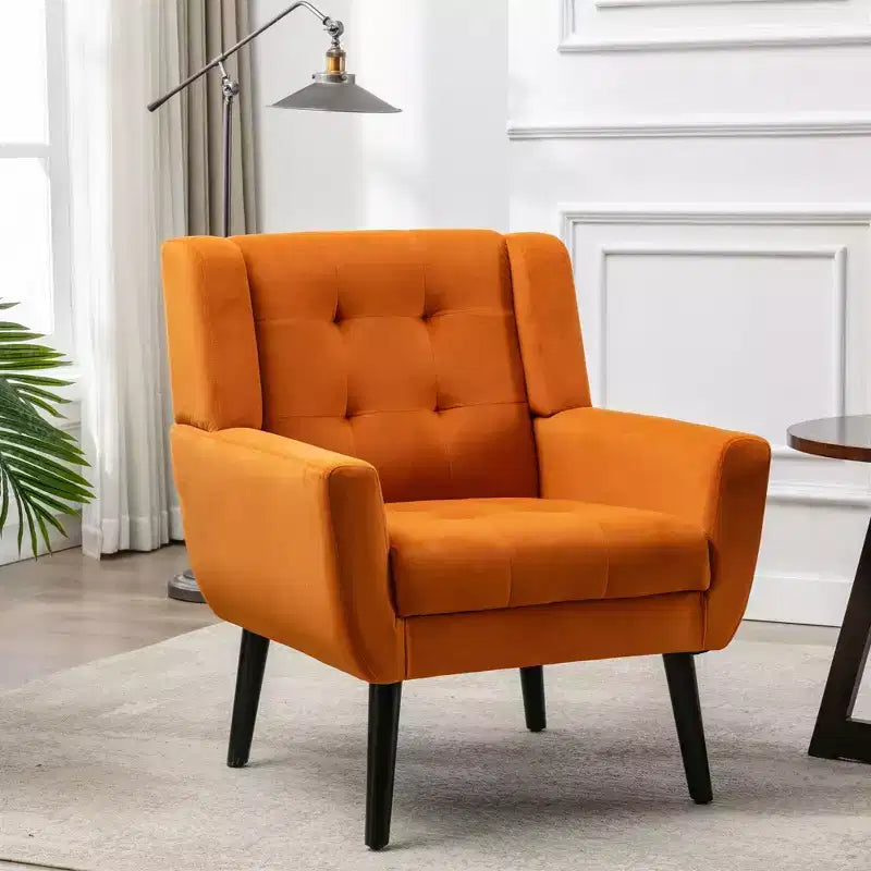 Poltrona moderna con bottoni Okak, poltrona da soggiorno imbottita con braccioli e gambe in legno nero, ergonomica per camera da letto