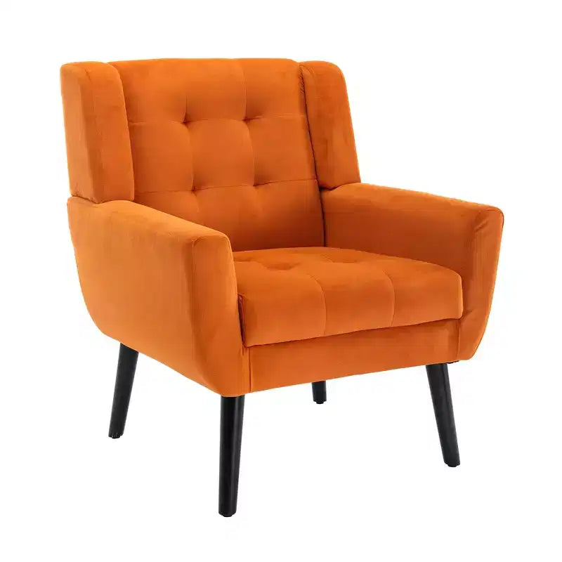 Poltrona moderna con bottoni Okak, poltrona da soggiorno imbottita con braccioli e gambe in legno nero, ergonomica per camera da letto