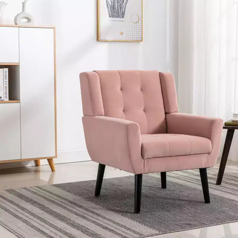 Poltrona moderna con bottoni Okak, poltrona da soggiorno imbottita con braccioli e gambe in legno nero, ergonomica per camera da letto