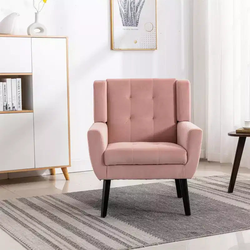 Poltrona moderna con bottoni Okak, poltrona da soggiorno imbottita con braccioli e gambe in legno nero, ergonomica per camera da letto