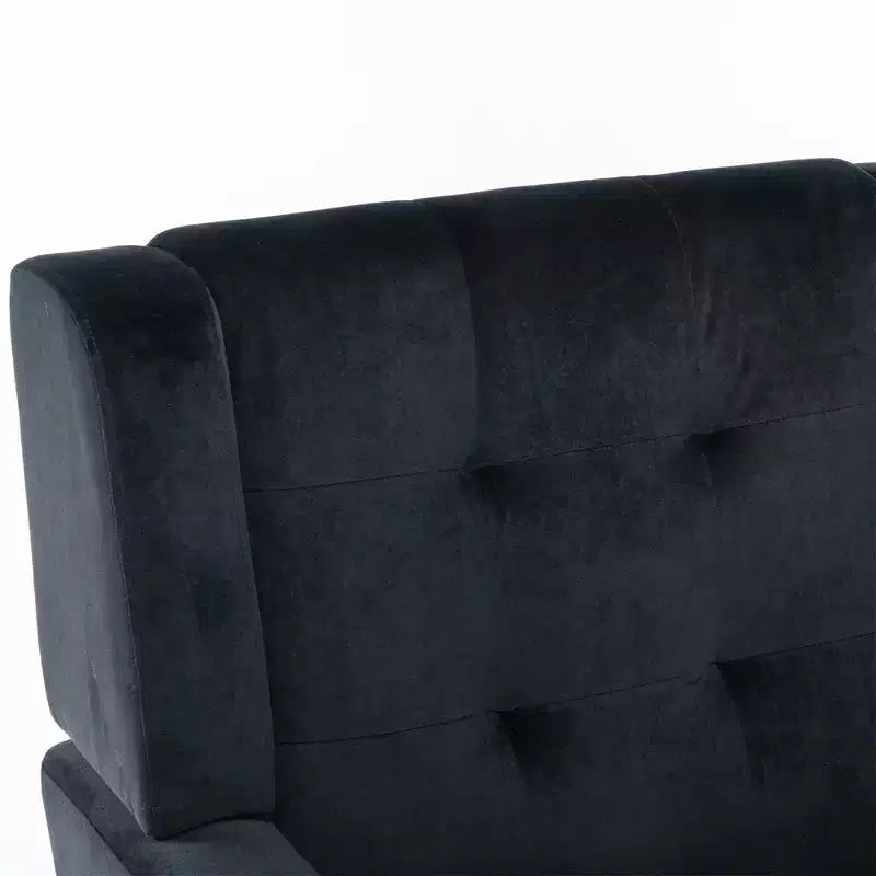 Poltrona moderna con bottoni Okak, poltrona da soggiorno imbottita con braccioli e gambe in legno nero, ergonomica per camera da letto