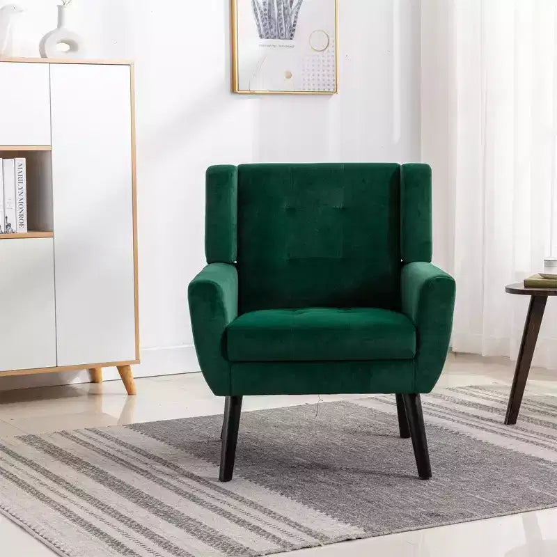 Poltrona moderna con bottoni Okak, poltrona da soggiorno imbottita con braccioli e gambe in legno nero, ergonomica per camera da letto
