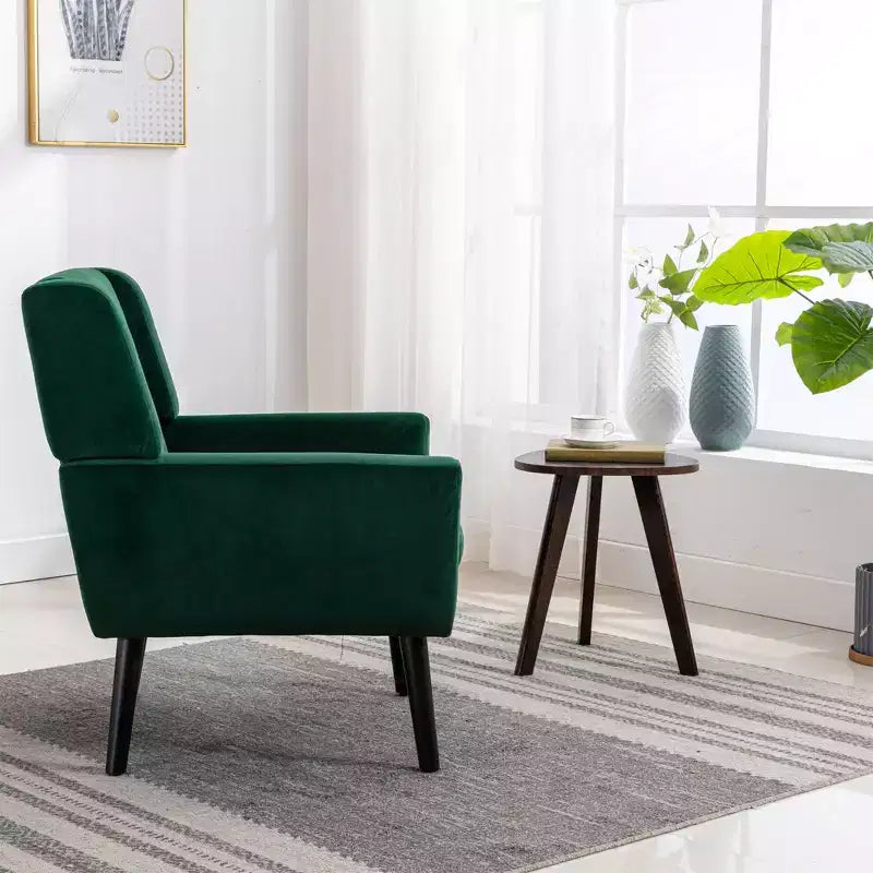 Poltrona moderna con bottoni Okak, poltrona da soggiorno imbottita con braccioli e gambe in legno nero, ergonomica per camera da letto