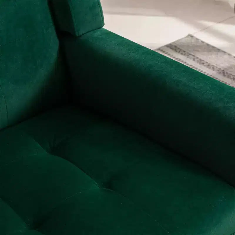 Poltrona moderna con bottoni Okak, poltrona da soggiorno imbottita con braccioli e gambe in legno nero, ergonomica per camera da letto