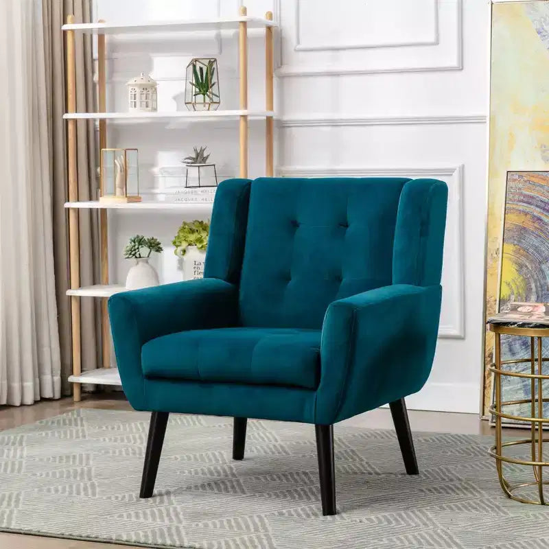 Poltrona moderna con bottoni Okak, poltrona da soggiorno imbottita con braccioli e gambe in legno nero, ergonomica per camera da letto