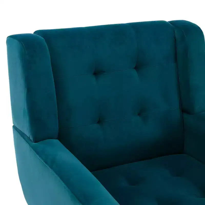 Poltrona moderna con bottoni Okak, poltrona da soggiorno imbottita con braccioli e gambe in legno nero, ergonomica per camera da letto