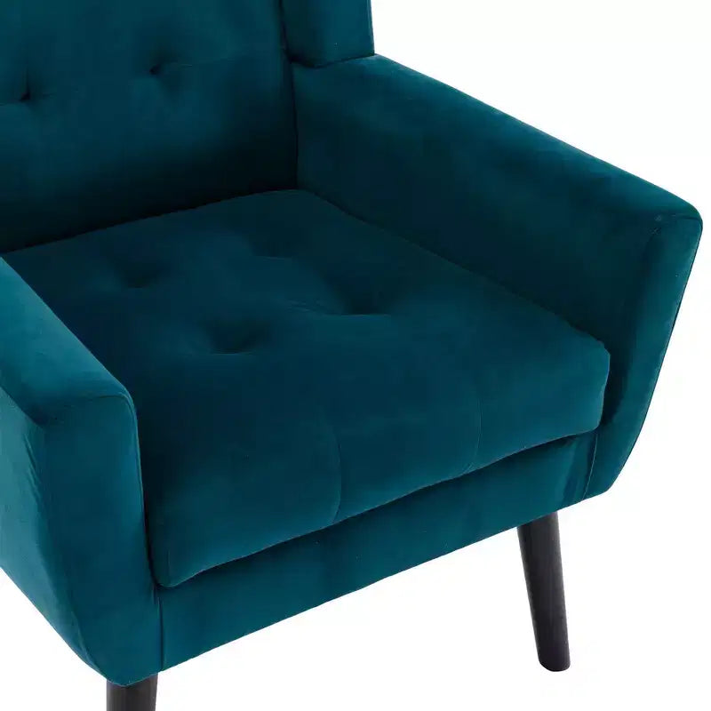 Poltrona moderna con bottoni Okak, poltrona da soggiorno imbottita con braccioli e gambe in legno nero, ergonomica per camera da letto