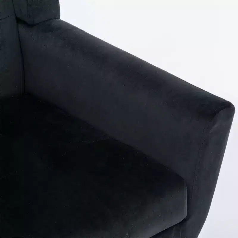 Poltrona moderna con bottoni Okak, poltrona da soggiorno imbottita con braccioli e gambe in legno nero, ergonomica per camera da letto