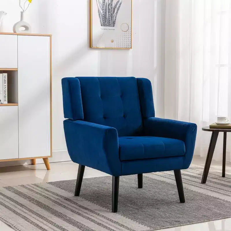 Poltrona moderna con bottoni Okak, poltrona da soggiorno imbottita con braccioli e gambe in legno nero, ergonomica per camera da letto