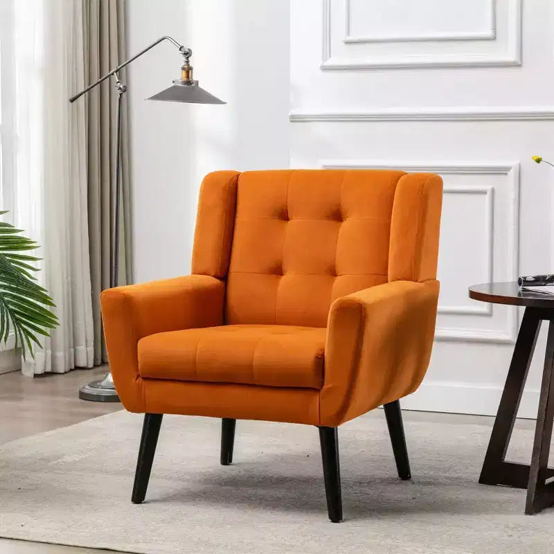 Poltrona moderna con bottoni Okak, poltrona da soggiorno imbottita con braccioli e gambe in legno nero, ergonomica per camera da letto