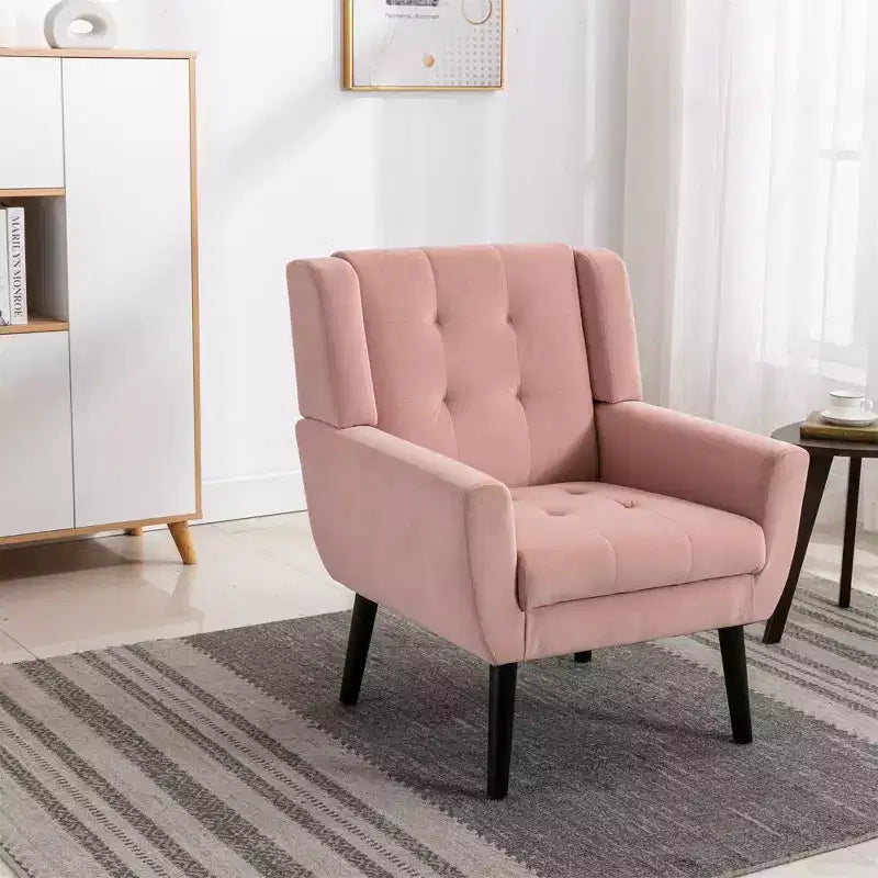 Poltrona moderna con bottoni Okak, poltrona da soggiorno imbottita con braccioli e gambe in legno nero, ergonomica per camera da letto