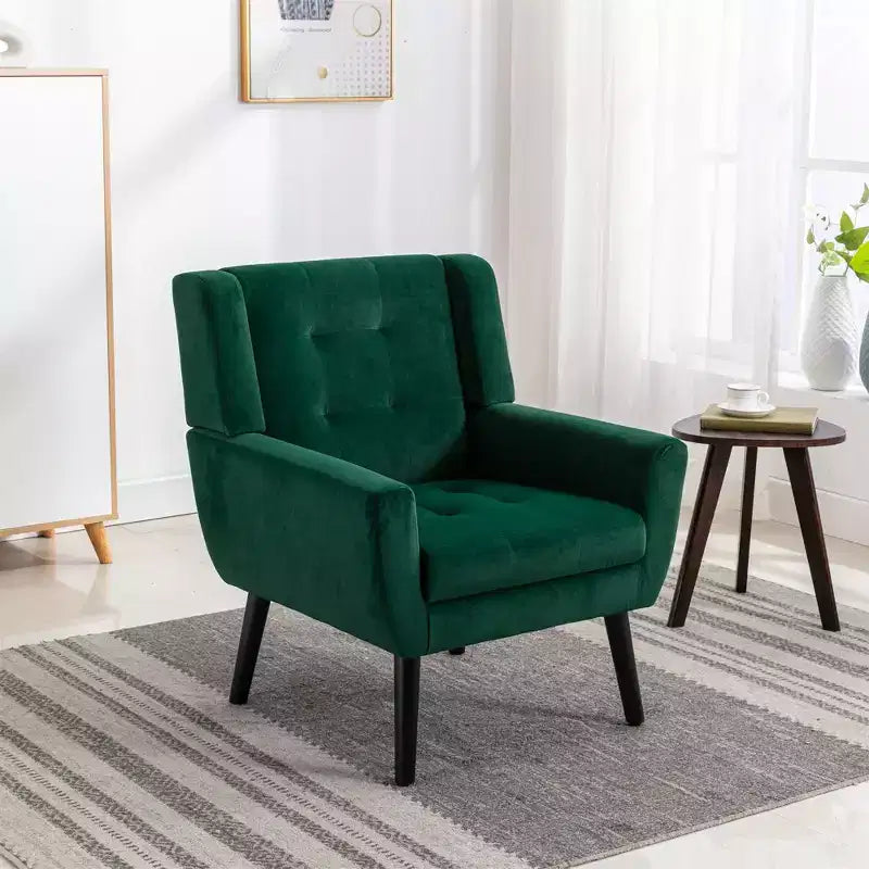 Poltrona moderna con bottoni Okak, poltrona da soggiorno imbottita con braccioli e gambe in legno nero, ergonomica per camera da letto