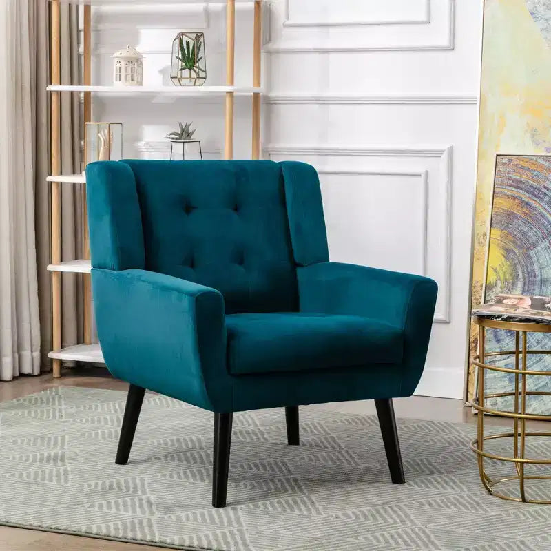 Poltrona moderna con bottoni Okak, poltrona da soggiorno imbottita con braccioli e gambe in legno nero, ergonomica per camera da letto