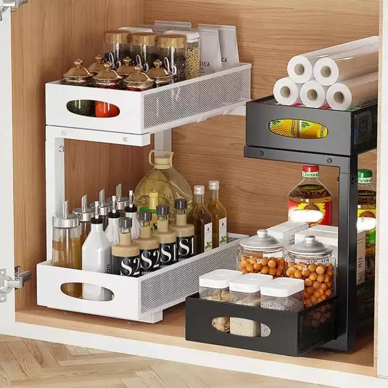 Organizzatore estraibile a 2 livelli per sottolavello – Cestello regolabile in altezza per mobile da cucina in acciaio al carbonio