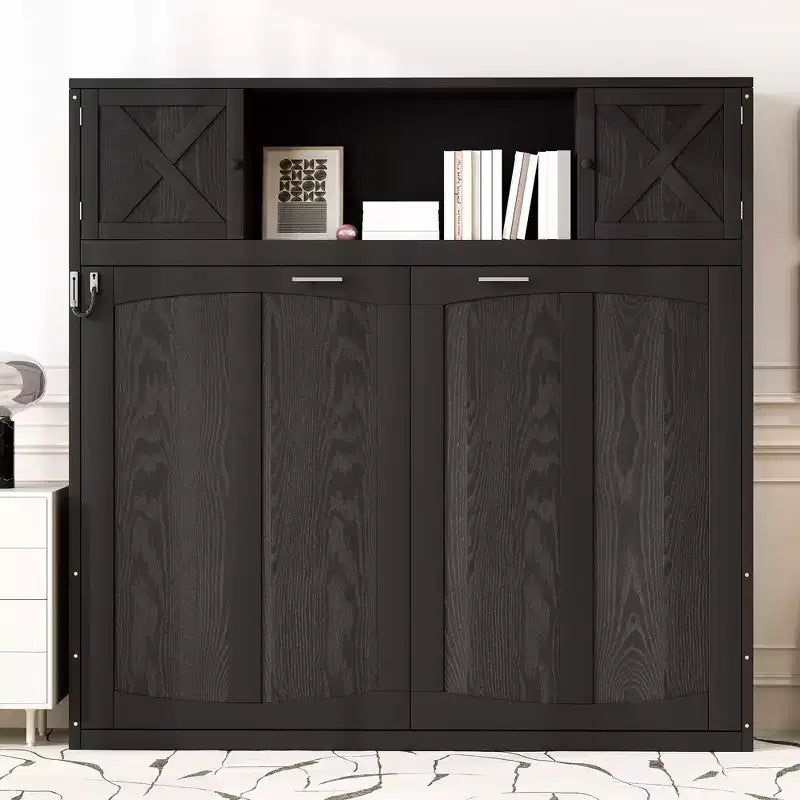 Letto a scomparsa Merax Full-Size con dettagli a X e armadietti rustici