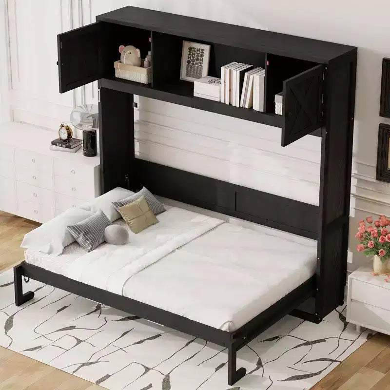Letto a scomparsa Merax Full-Size con dettagli a X e armadietti rustici