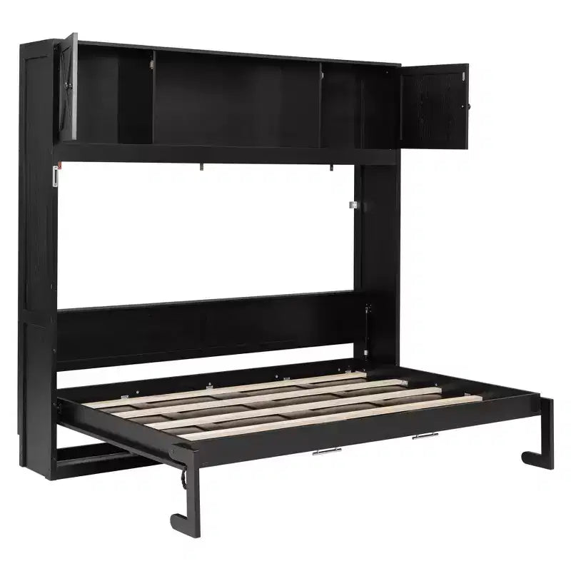 Letto a scomparsa Merax Full-Size con dettagli a X e armadietti rustici